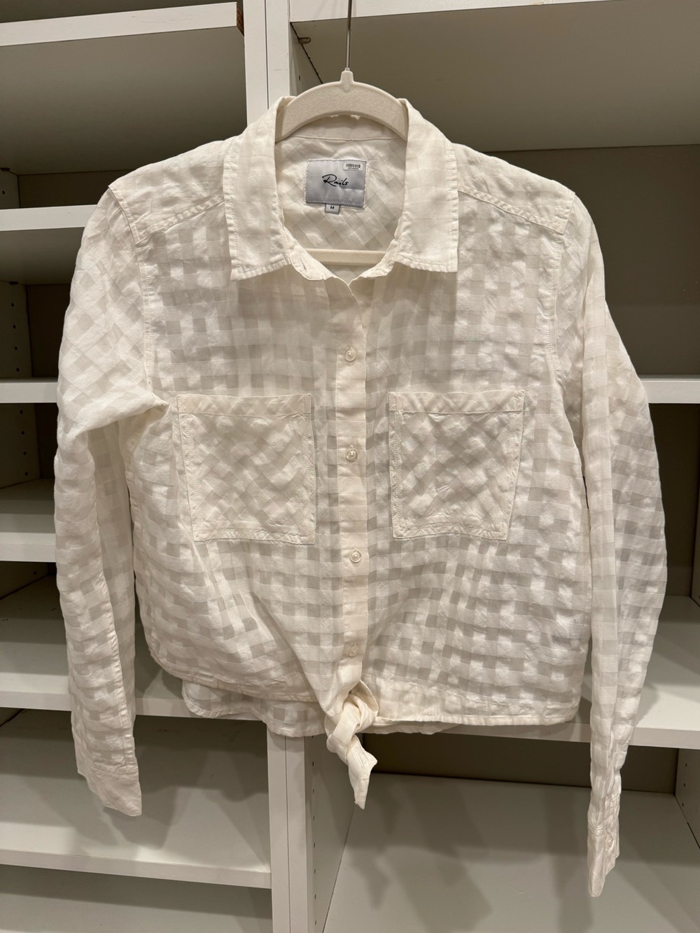 Rails Kelsey White Shadow Check Silk Blend Button Down Tie Top, Size M